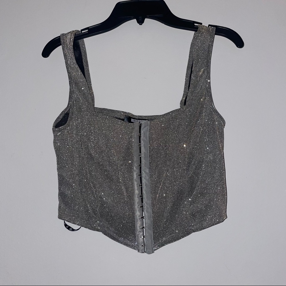 MISSGUIDED US SIZE 4 CORSET STYLE SILVER SPARKLE CROPPED TOP